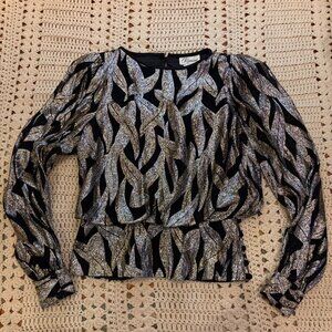 Rimini Vintage Metallic Black/Silver/Gold Leaf Design Long Sleeve Peplum Top SM